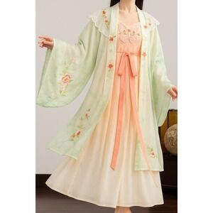 Chinese Hanfu Style Dress Set Asian L Butterfly Floral Sheer Layered Embroidered